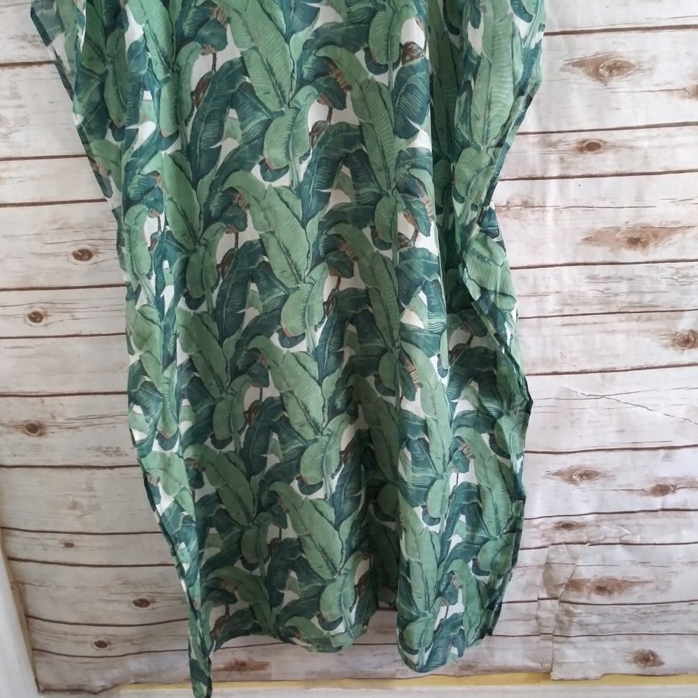 Ayaeo Botanical Palm Green Silk 100% Kaftan Dress Cover Up Size Small / Medium - Picture 5 of 11